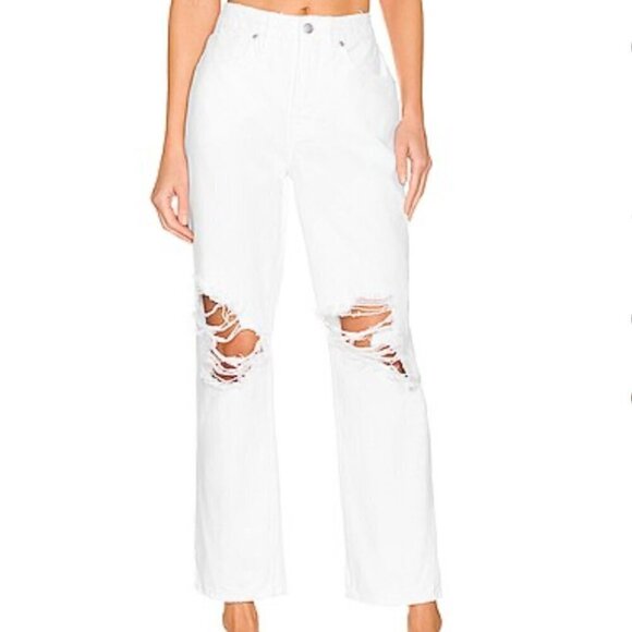 GOOD AMERICAN Good 90s Duster White Distressed Straight High Rise Jeans US 10/30 - Picture 1 of 6